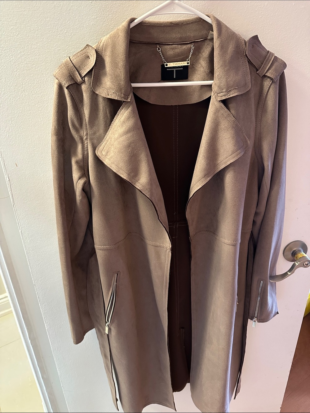 T Tahari Taupe Suede Trench Coat